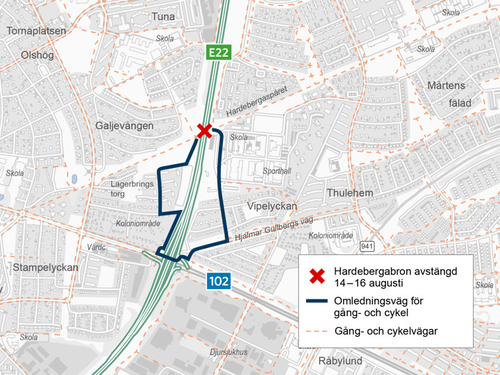 Omledning av gång- och cykelväg när Hardebergabron är avstängd 14-16 augusti