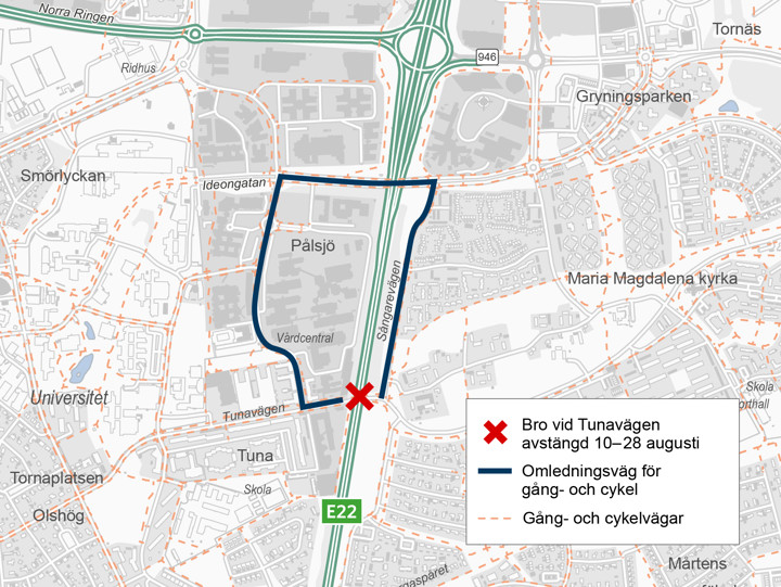 Omledningskarta för gång- och cykel när Tunavägens passage är stängd 10-28 augusti 2026