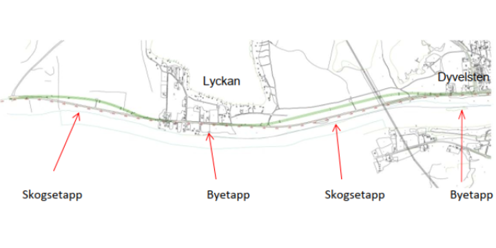 Röda pilar indikerar att vägsträckan till vänster om Lyckan, och sträckan mellan Lyckan och Dyvelsten räknas som skogsetapp. De sträckor som går genom Lyckan och Dyvelsten räknas till byetapp.