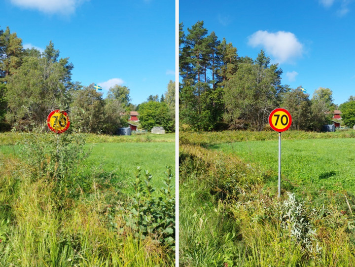 Två bilder, en före och en efter att vi slåttrat på en plats