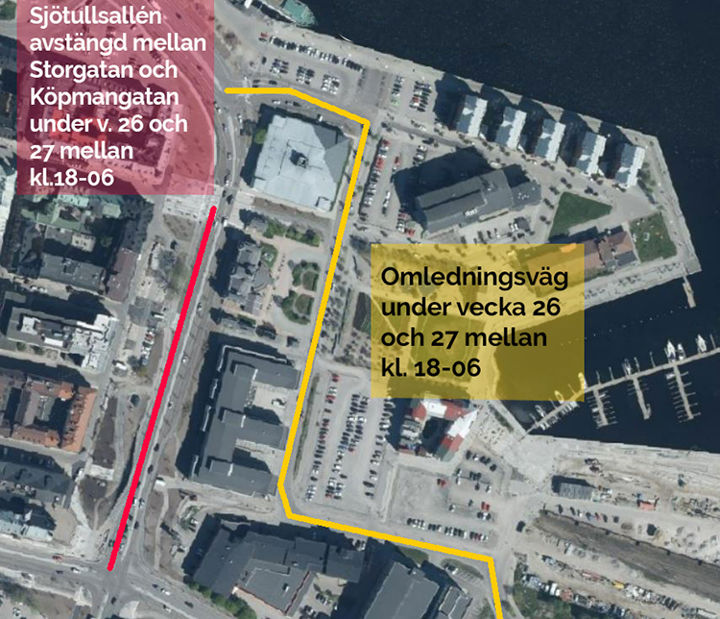 Kartan visar avstängd väg mellan Köpmangatan och Storgatan samt omledning via Stuvarvägen.