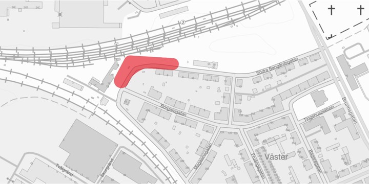 Karta över arbetsområdet som visar var vi stänger en del av Södra Bangårdsgatan.