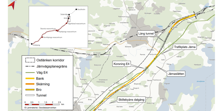 Karta över Ostlänkens planerade sträckning genom Södertälje kommun, från Gerstaberg i norr till Långsjön i söder.
