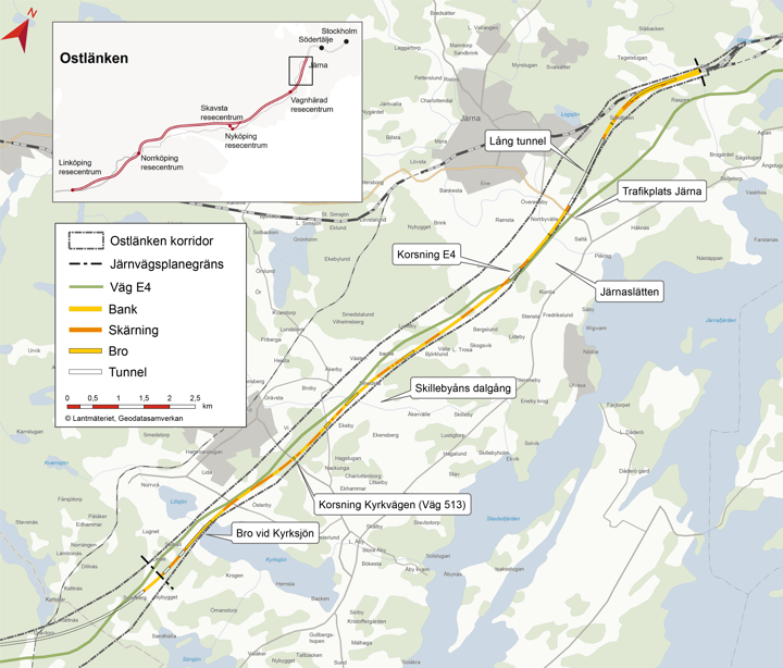 Karta över Ostlänkens planerade sträckning genom Södertälje kommun, från Gerstaberg i norr till Långsjön i söder.