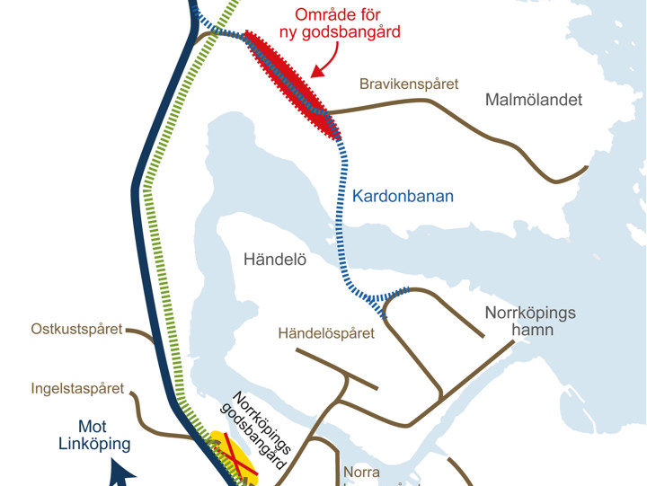 Kartan visar godsbangårdens nuvarande och kommande placering. 