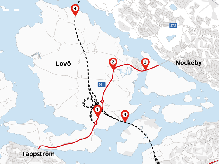 Webbkarta som visar var man arbetear på Ekerövägen och tunnlarna under Lovö.