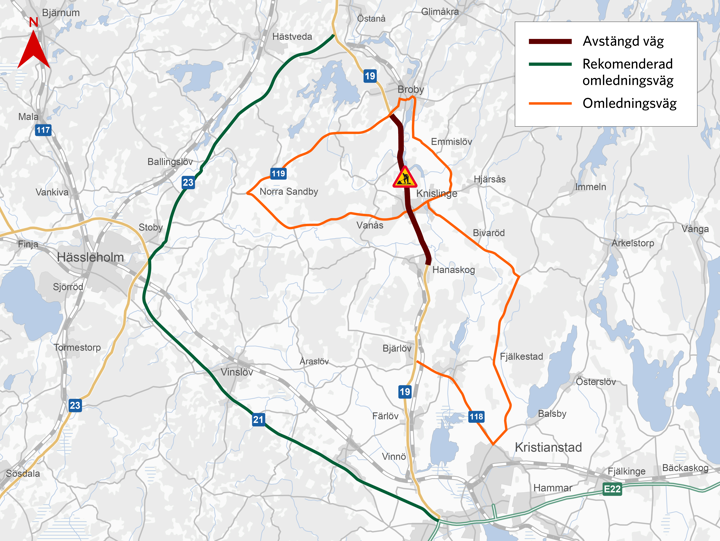 Kartan visar omledningsvägar under totalavstängningen.