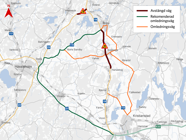 Kartan visar omledningsvägar under totalavstängningen.