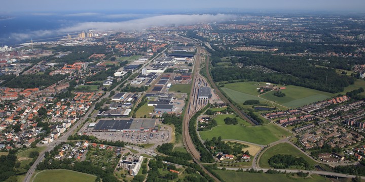 Flygbild över del av sträckan Maria station-Helsingborg