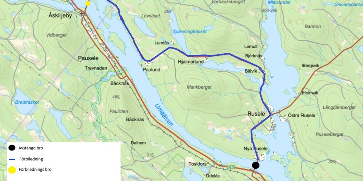 karta som visar omledningsvägen via Åskilje med ett blått sträck.