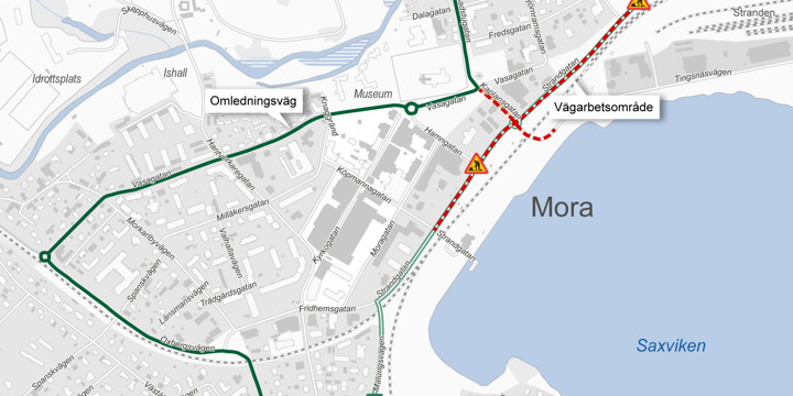 Karta som visar omledning av fordonstrafik