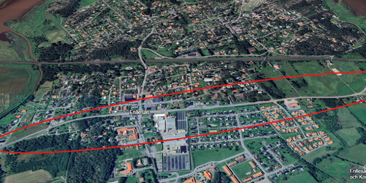 Kartbild som ringar in vart gång- och cykelvägen planeras gå genom Frillesås. 