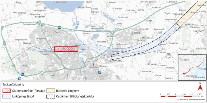 Kartan visar korridoren för Ostlänken genom Linköpings tätort.