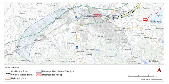 Kartan visar korridorerna Steninge och Norr om Malmslätt där Trafikverket ska bygga Ostlänken genom Linköpings tätort.