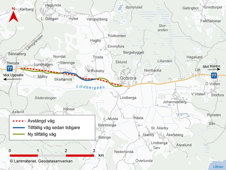 Karta som visar hur trafiken på väg 77 leds om på tillfälliga vägsträckor.