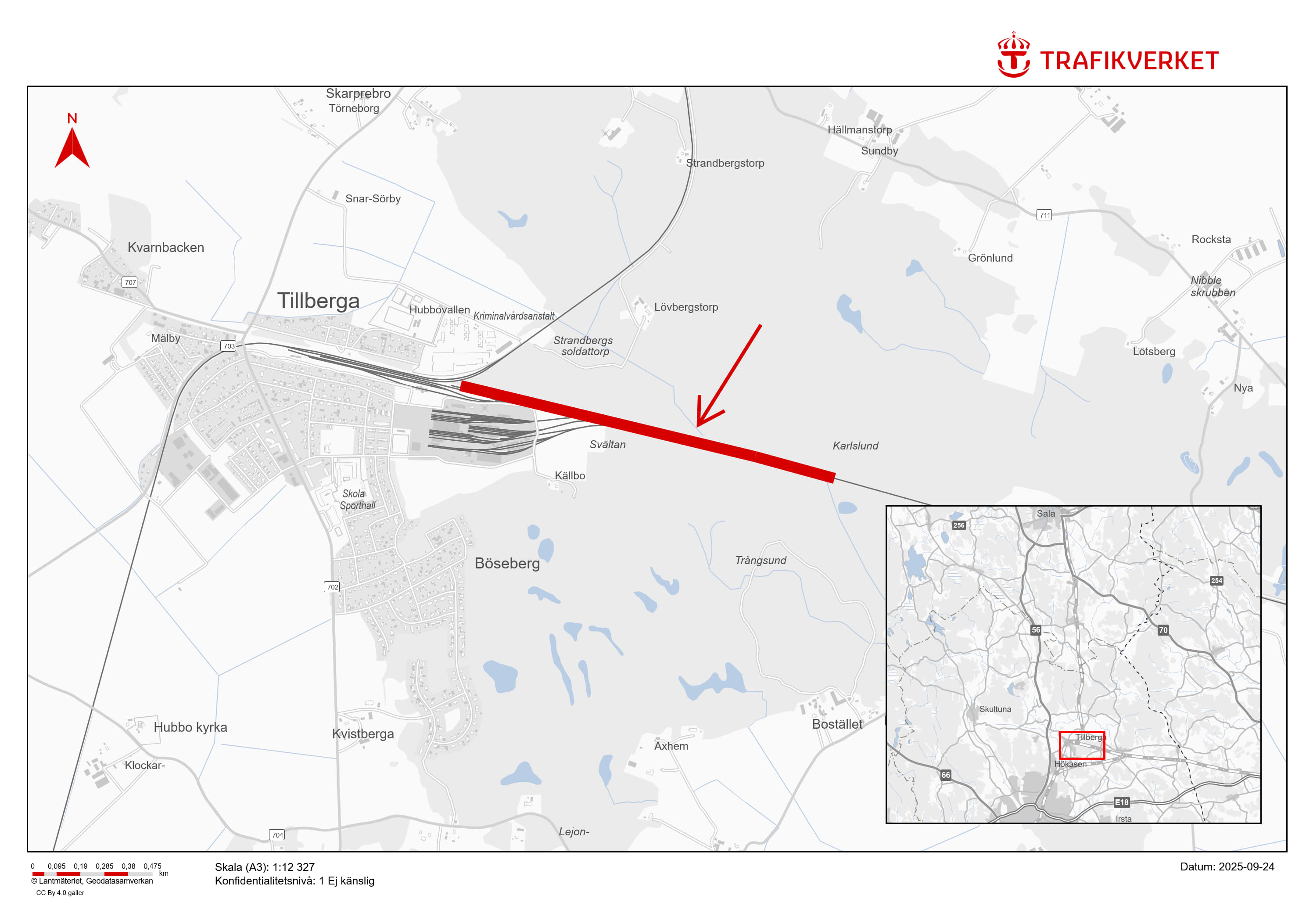 Kartbild över området runt Tillberga, Västerås kommun. Pilen och markeringen visar järnvägssträckan som ska upplåtas.