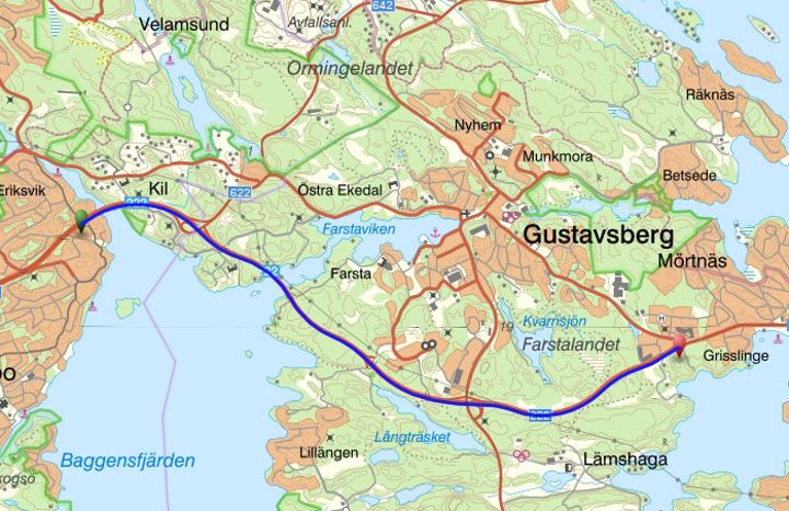 Karta över sträckan som får ny beläggning på Värmdöleden mellan Farsta och Gustavsberg.
