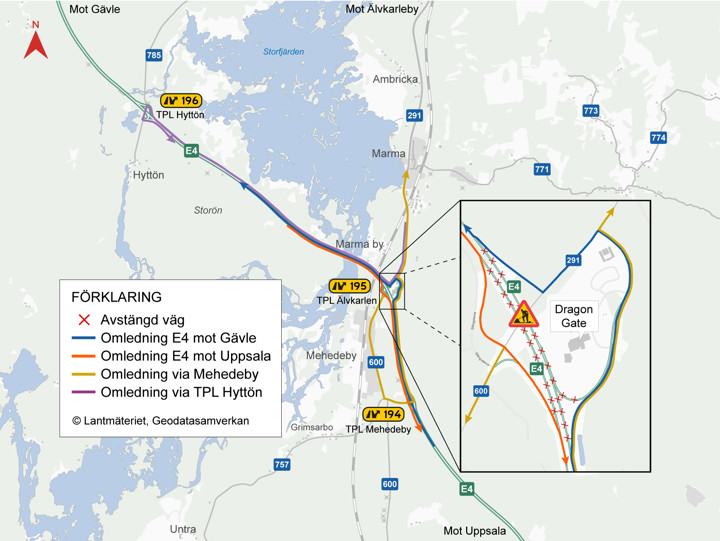 Möjliga omledningar under avstängningen.