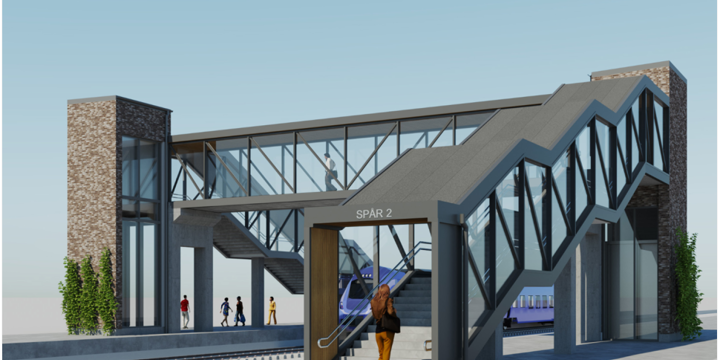 Visionsbild av gångbron som ska gå över spåret. Ritad med trappor och hissar i både tegel och glas.