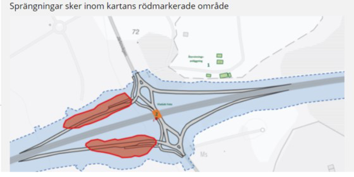 Webbsida med karta över områden där man ska spränga.