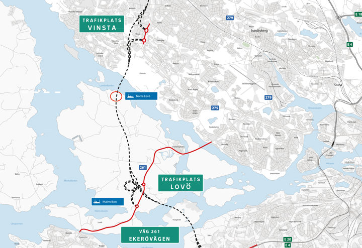 Karta över Lovö med E4 Förbifart Stockholm och arbetsområdet inringat