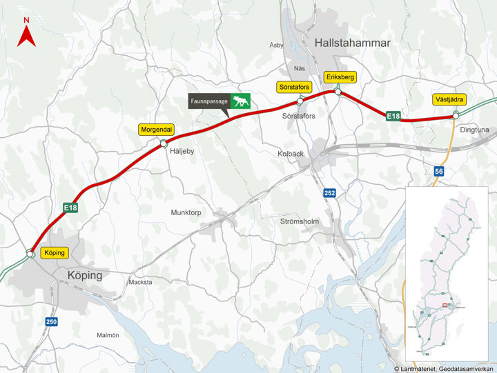 Karta över E18 mellan Köping och Västjädra med en markering där faunapassagen kommer att ligga, ungefär vid gränsen mellan Köpings kommun och Hallstahammars kommun.