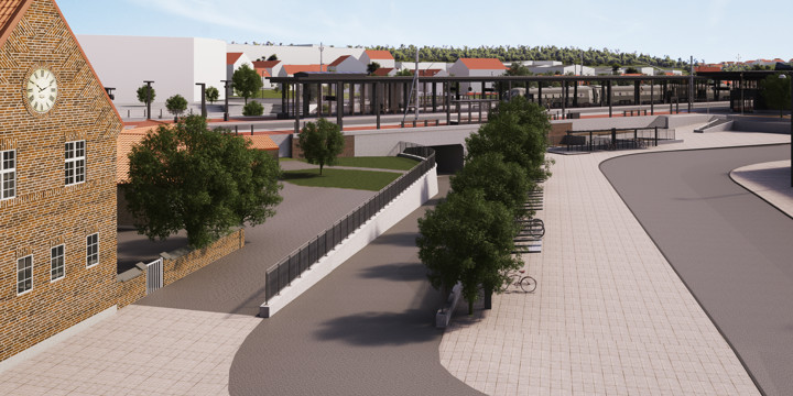 Visionsbild över hur det kommer se ut vid nuvarande stationshus och den nya västra passagen