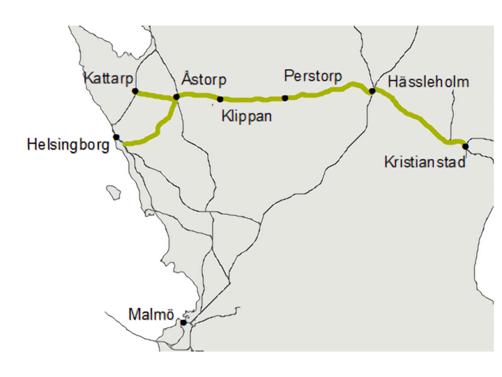 Skånebanan går mellan Kristianstad och Helsingborg.
