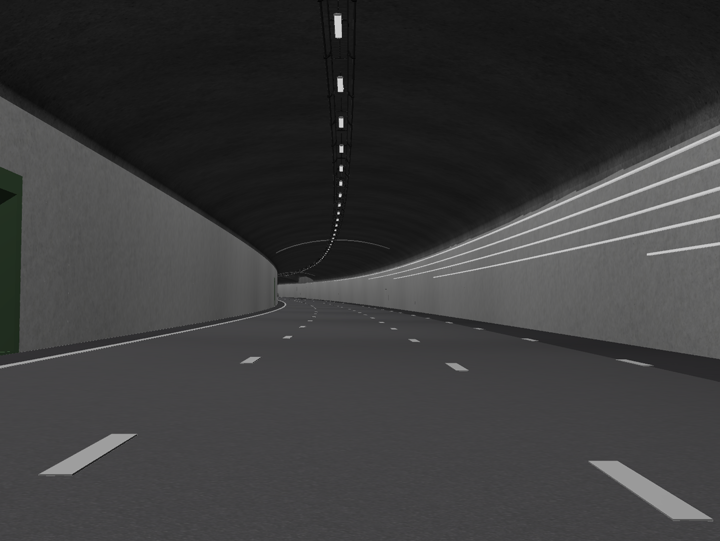 Målade slingor på väggarna hjälper till att bryta monotonin i tunneln och markera skarpare svängar.