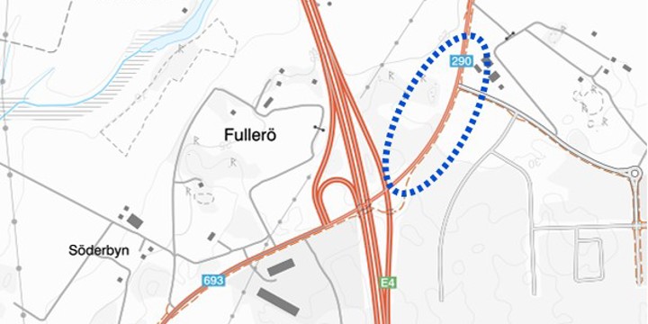 Kartan visar arbetsområdet för utbyggnad av Trafikplats Fullerö.