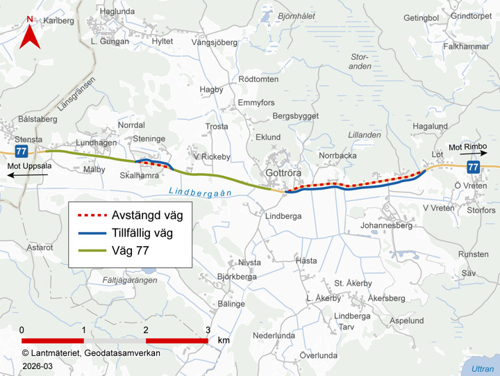 Karta som visar hur trafiken på väg 77 leds om på tillfälliga vägsträckor. 