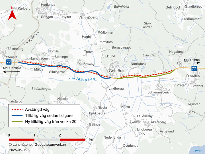 Karta som visar hur trafiken på väg 77 leds om på tillfälliga vägsträckor.