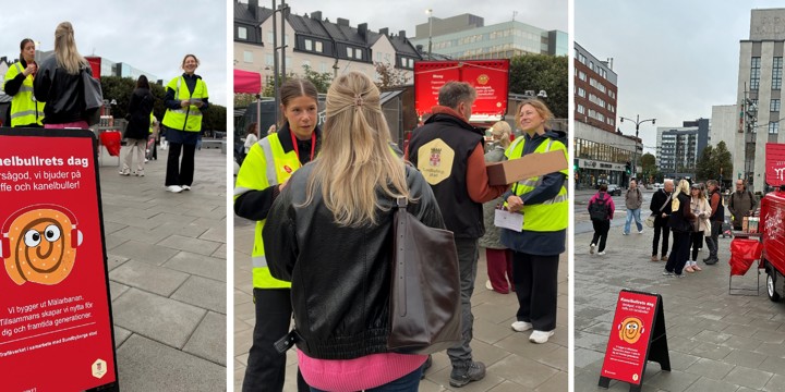 Personer i gula väåstar pratar med besökare. En röd liten kaffebil, skyltar och glada miner på Sundbybergs torg.