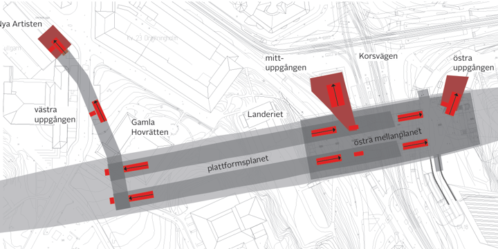 Kartbild över station Korsvägen med uppgångarna utmärkta.