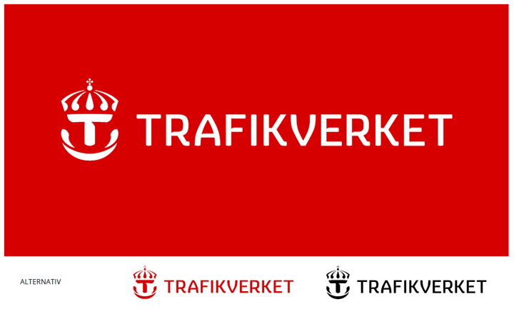 Trafikverkets logotyp. Under logotypen visas två alternativa färger till den vita. Trafikverket i rött och Trafikverket i svart.
