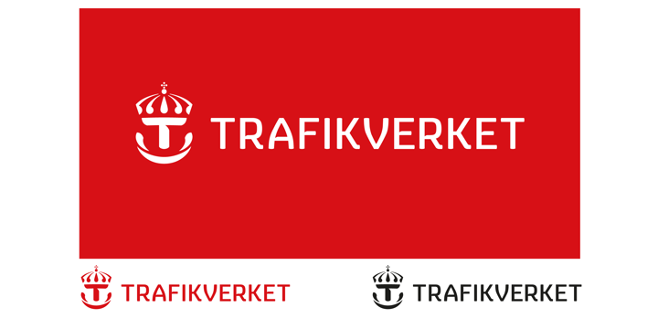 Trafikverkets logotyp. Under logotypen visas två alternativa färger till den vita. Trafikverket i rött och Trafikverket i svart.