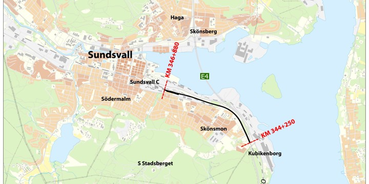 Karta som visar arbetsområdet för dubbelspåret med markering mellan Fridhemsgatan och en bit in på centralstationen.