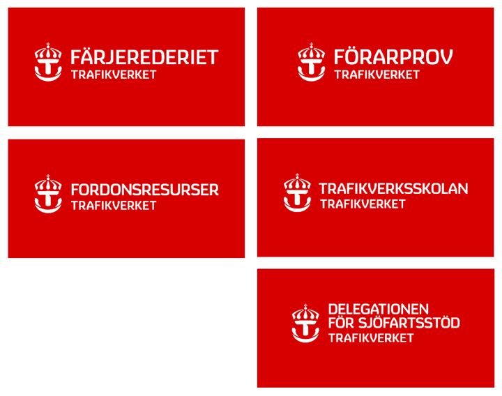 Trafikverkets resultatenheters logotyper. Röda rektanglar med vit krona och vit text