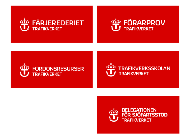 Trafikverkets resultatenheters logotyper. Röda rektanglar med vit krona och vit text