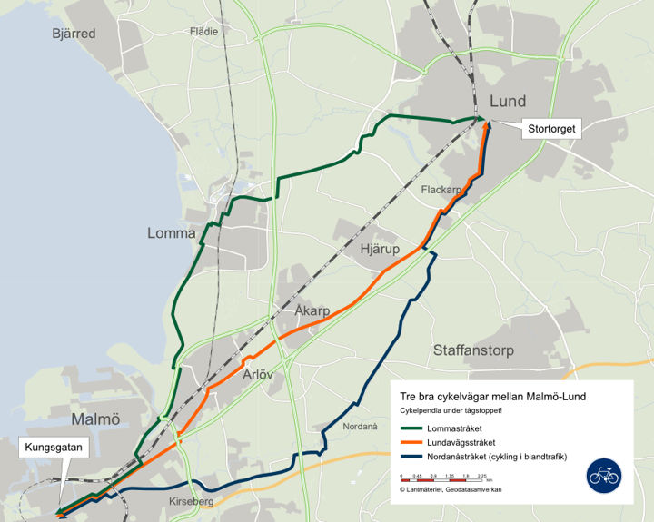 Karta över området mellan Malmö och Lund. I kartan är tre olika cykelvägar markerade. Lommastråket, Lundavägsstråket och Nordanåstråket (cykling i blandtrafik).