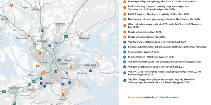 Karta över cykelsatsningar i Stockholm.