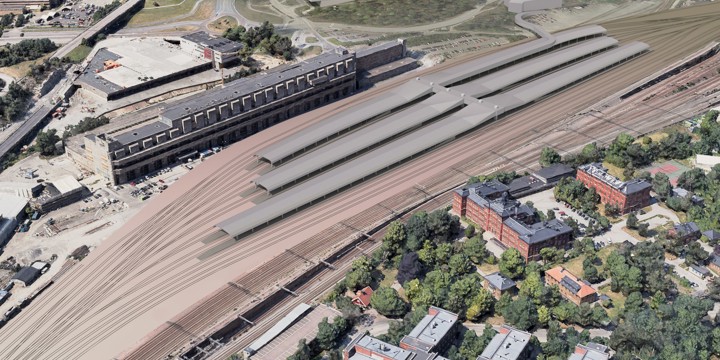 Skiss över en ombyggd bangård vid Tomteboda, sett ovanifrån