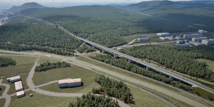 Animerad bild som visar en järnvägsbro i Stockvik som passerar industriområdet Nouryon. 