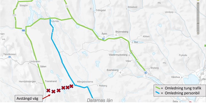 Karta som visar avstängning och omledning