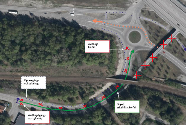 Karta som visar trafikpåverkan med enkelriktad trafik samt omledning för gående och cyklister