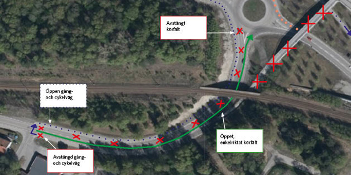 Karta som visar trafikpåverkan med enkelriktad trafik samt omledning för gående och cyklister