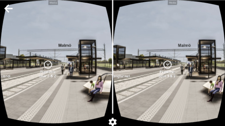 Datorframtagen bild på en stationsplattform. Bilden är duplicerad för att kunna ses i ett stereoskop, så kallat VR-läge.