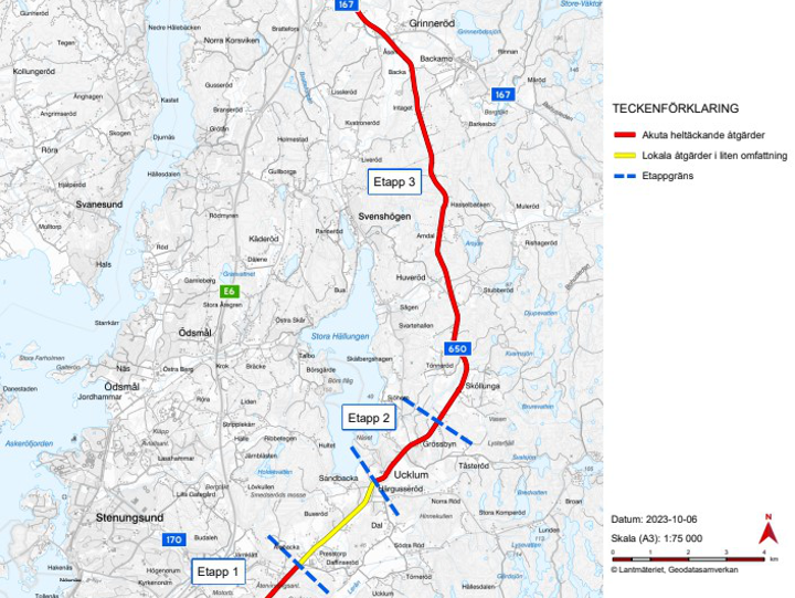 Karta som visar etapperna på väg 650