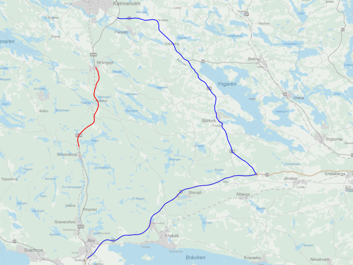 Karta med linjer över omledning av trafiken
