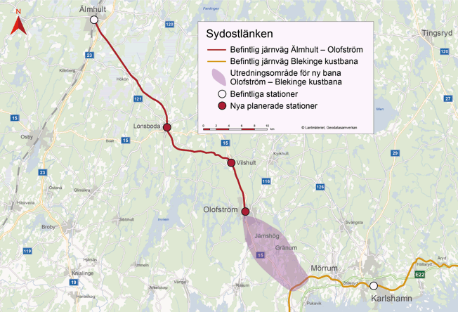 Karta utredningsområde Olofström-Blekinge kustbana